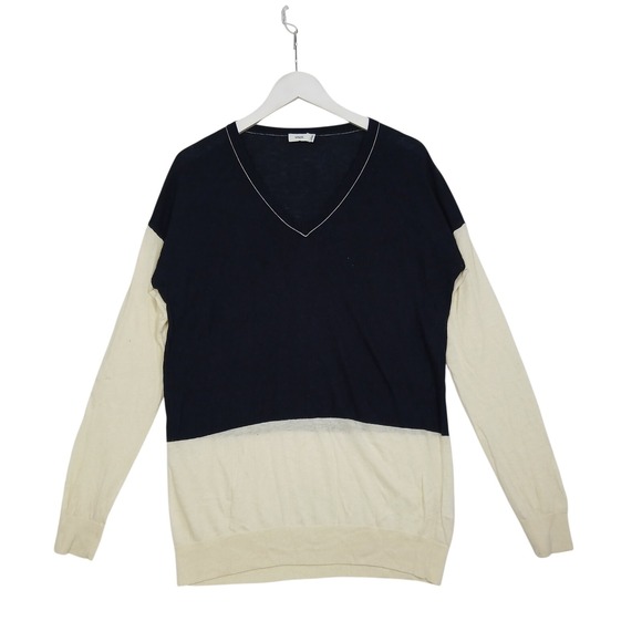 Vince Sweaters - Vince Navy Blue Cream Colorblock Merino Wool Blend V-Neck Sweater Small